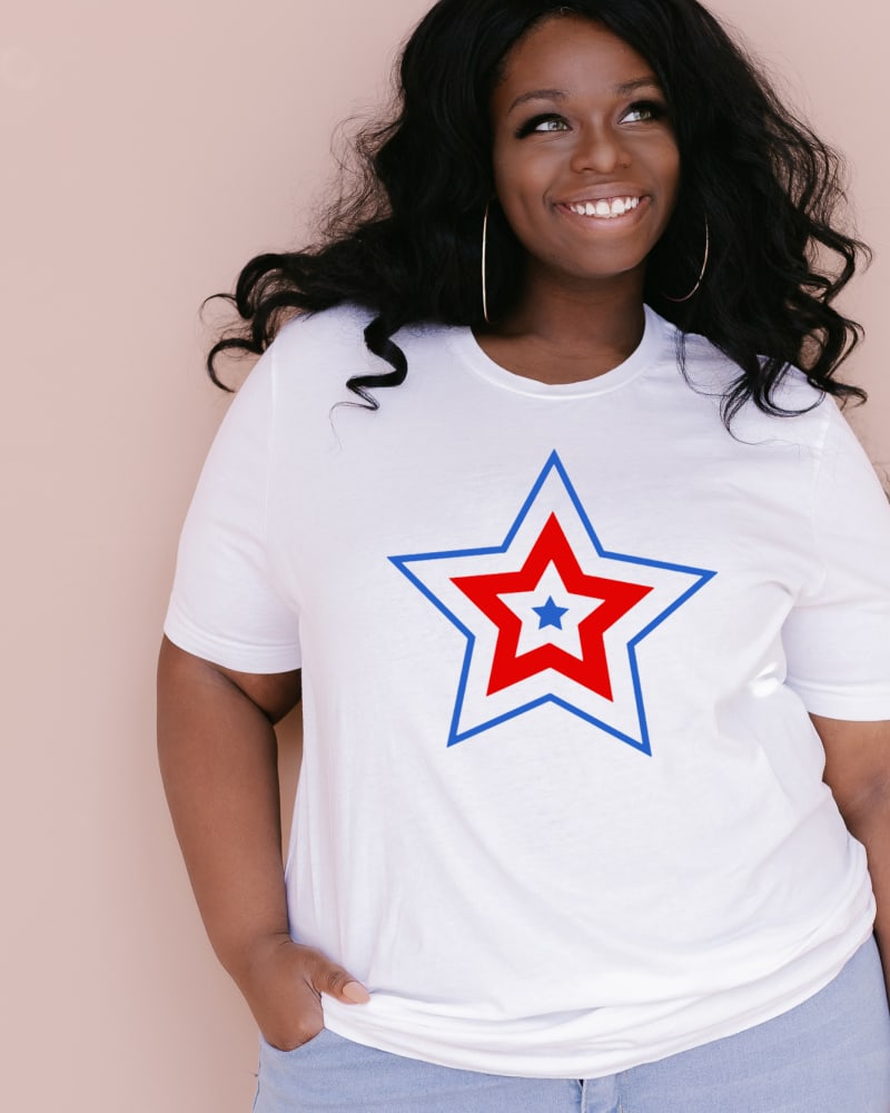 Front of a model wearing a size XL Patriotic Three Star Short Sleeve Graphic Tee in White by Simply Sage Market. | dia_product_style_image_id:295204
